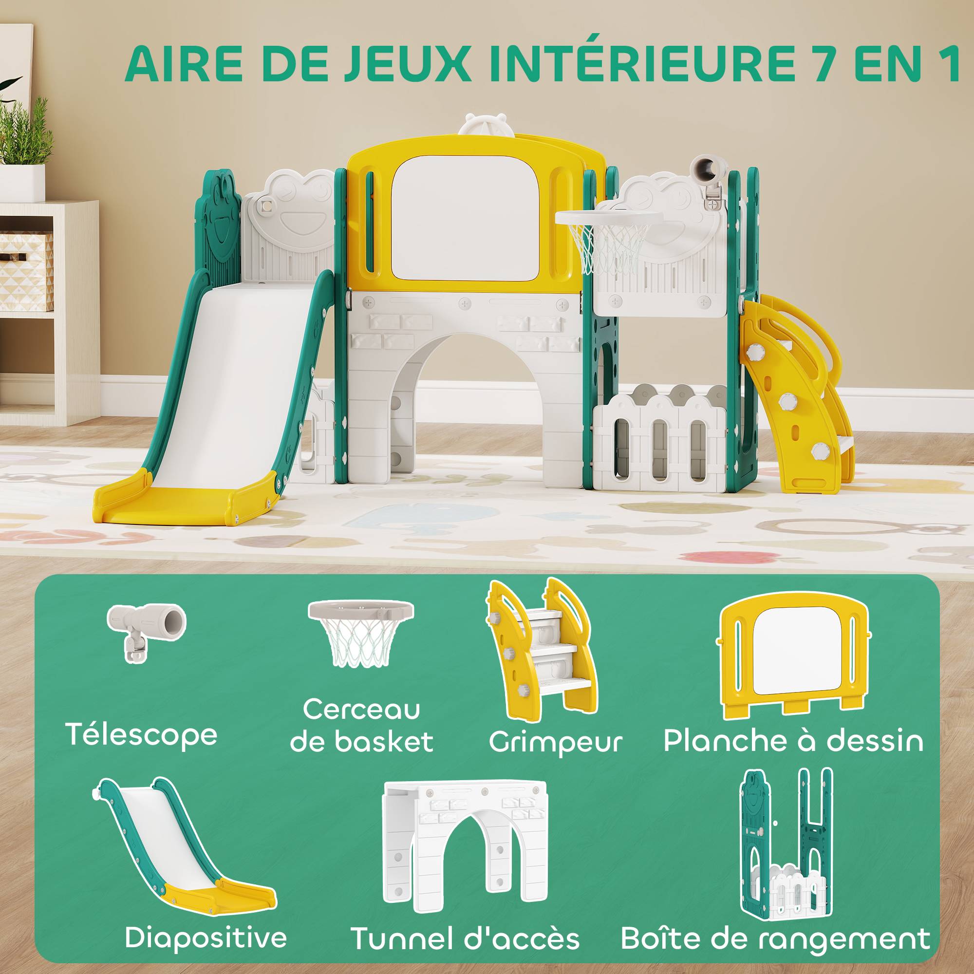 Toboggan pour enfant 7 en 1 avec panier de basket, télescope, rangement, tunnel, escalade, tableau de dessin, jaune - Image 6