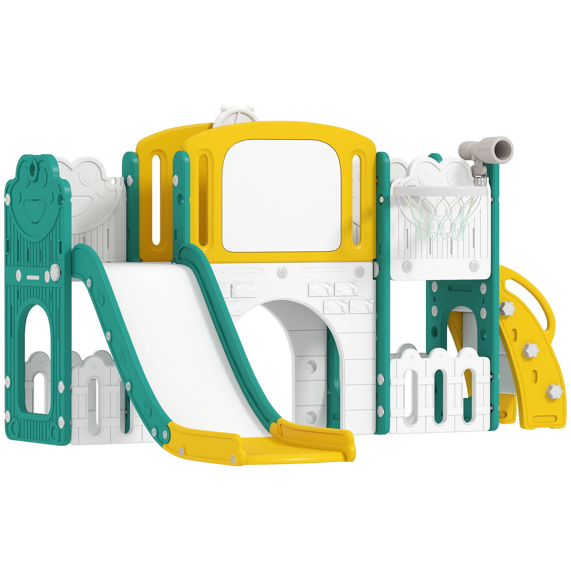 Toboggan pour enfant 7 en 1 avec panier de basket, télescope, rangement, tunnel, escalade, tableau de dessin, jaune - Image 2