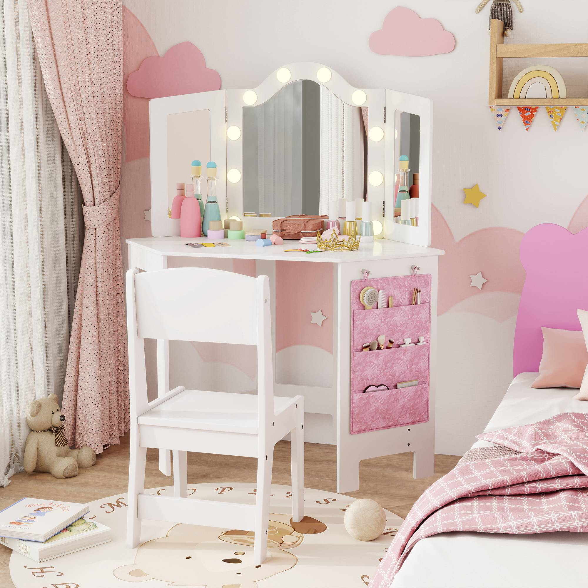 Sans Marque - Coiffeuse enfant 2 en 1 avec tabouret miroir triptyque et lumières LED bicolores 93,6 x 48,5 x 111,5 cm blanc - Image 4