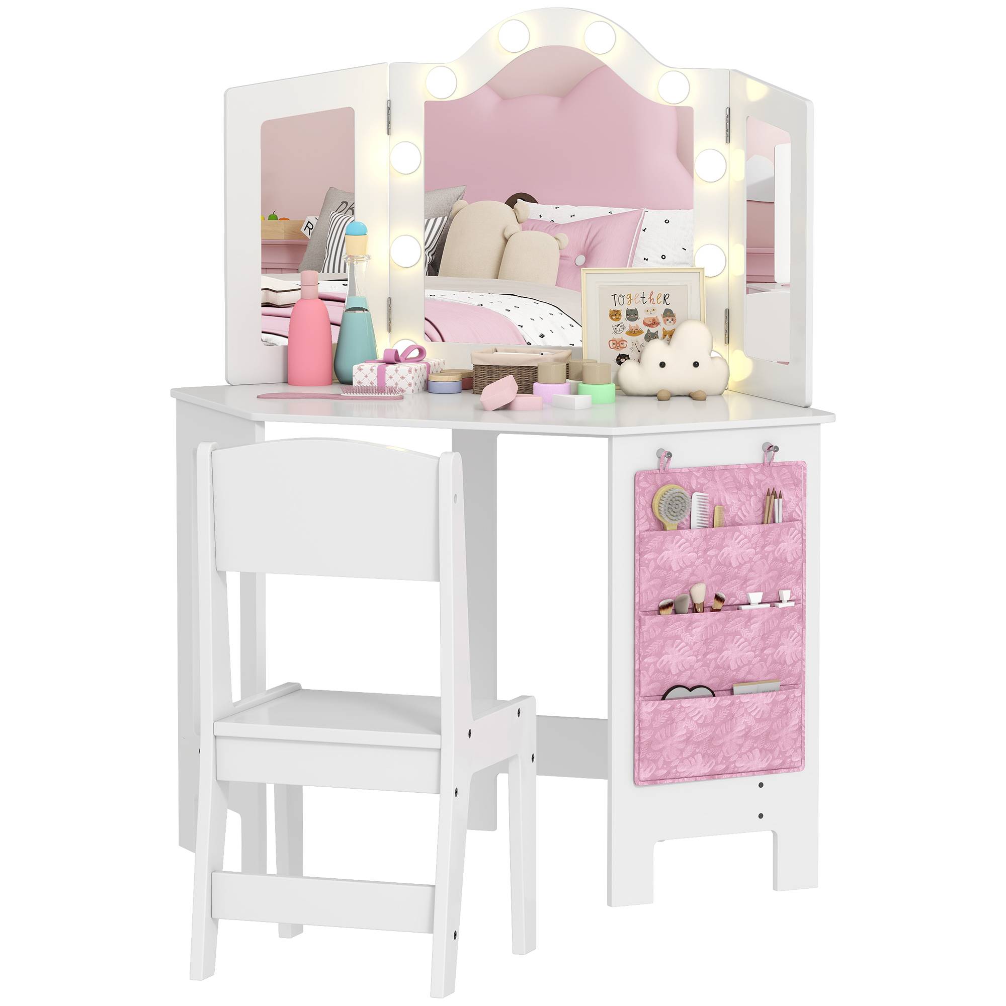 Sans Marque - Coiffeuse enfant 2 en 1 avec tabouret miroir triptyque et lumières LED bicolores 93,6 x 48,5 x 111,5 cm blanc - Image 1