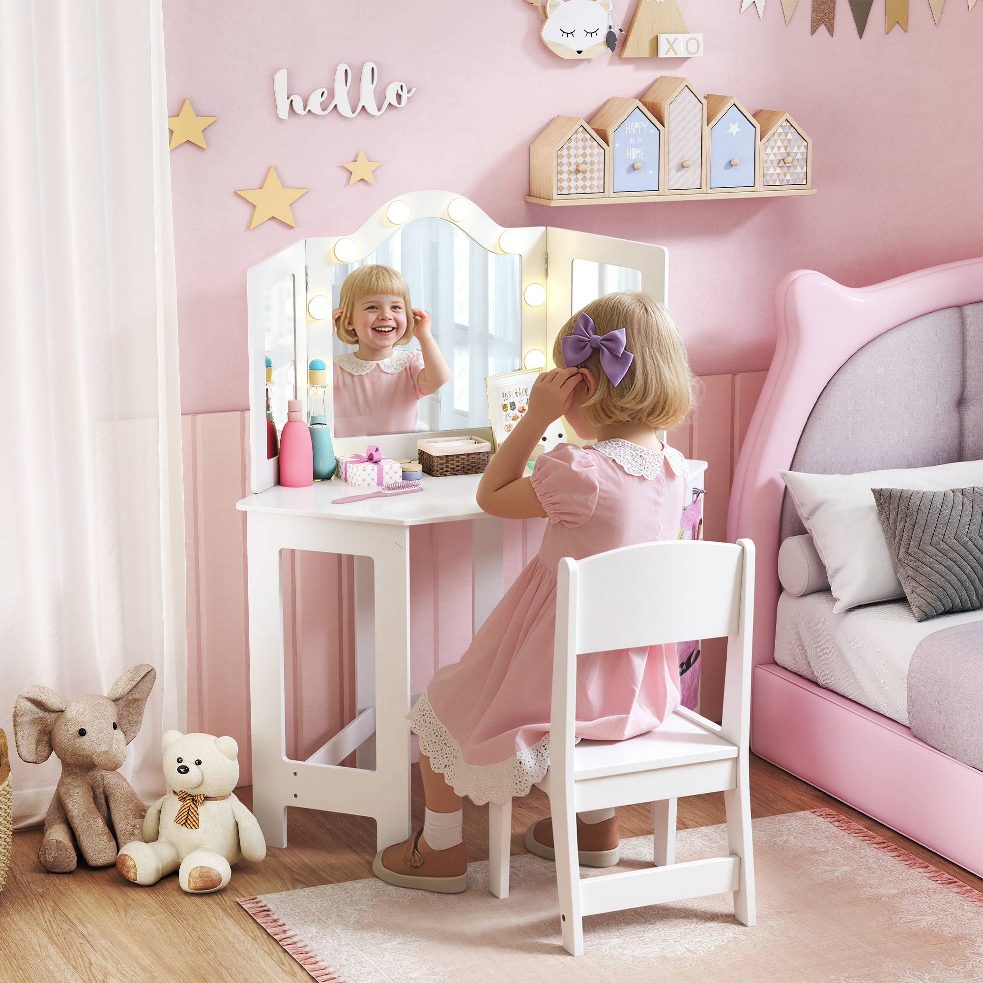 Sans Marque - Coiffeuse enfant 2 en 1 avec tabouret miroir triptyque et lumières LED bicolores 93,6 x 48,5 x 111,5 cm blanc - Image 3