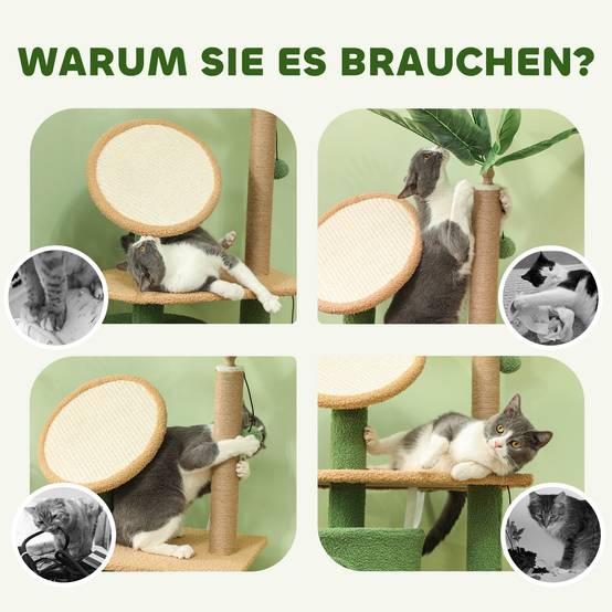 Arbre à chat 139 cm avec niche, balles, griffoirs sisal et plateformes, 2 chats, vert - Image 9