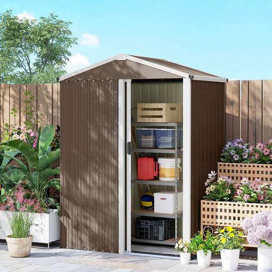 Abri de jardin extérieur 1,1 m² (136 x 87 x 179 cm) avec porte coulissante, toit en pente et finition marron. - Image 10