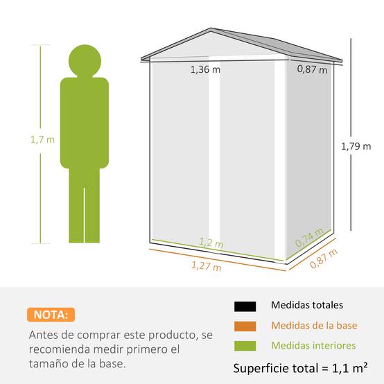 Abri de jardin extérieur 1,1 m² (136 x 87 x 179 cm) avec porte coulissante, toit en pente et finition marron. - Image 5