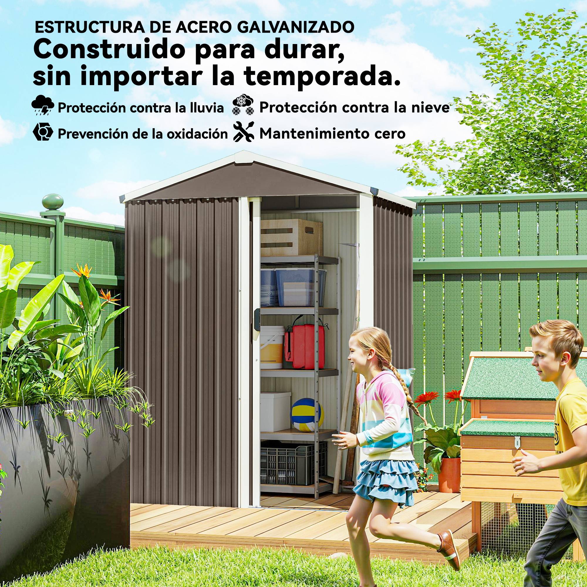 Abri de jardin extérieur 1,1 m² (136 x 87 x 179 cm) avec porte coulissante, toit en pente et finition marron. - Image 6