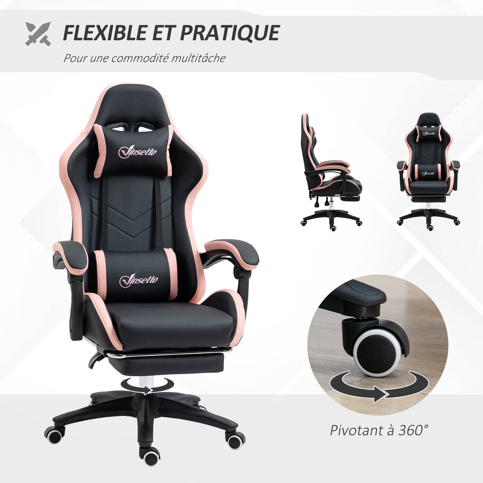 Sans Marque - Chaise gaming fauteuil gaming ergonomique avec dossier inclinable à 135° et soutien lombaire, 65 x 65 x 121-129 cm rose - Image 8
