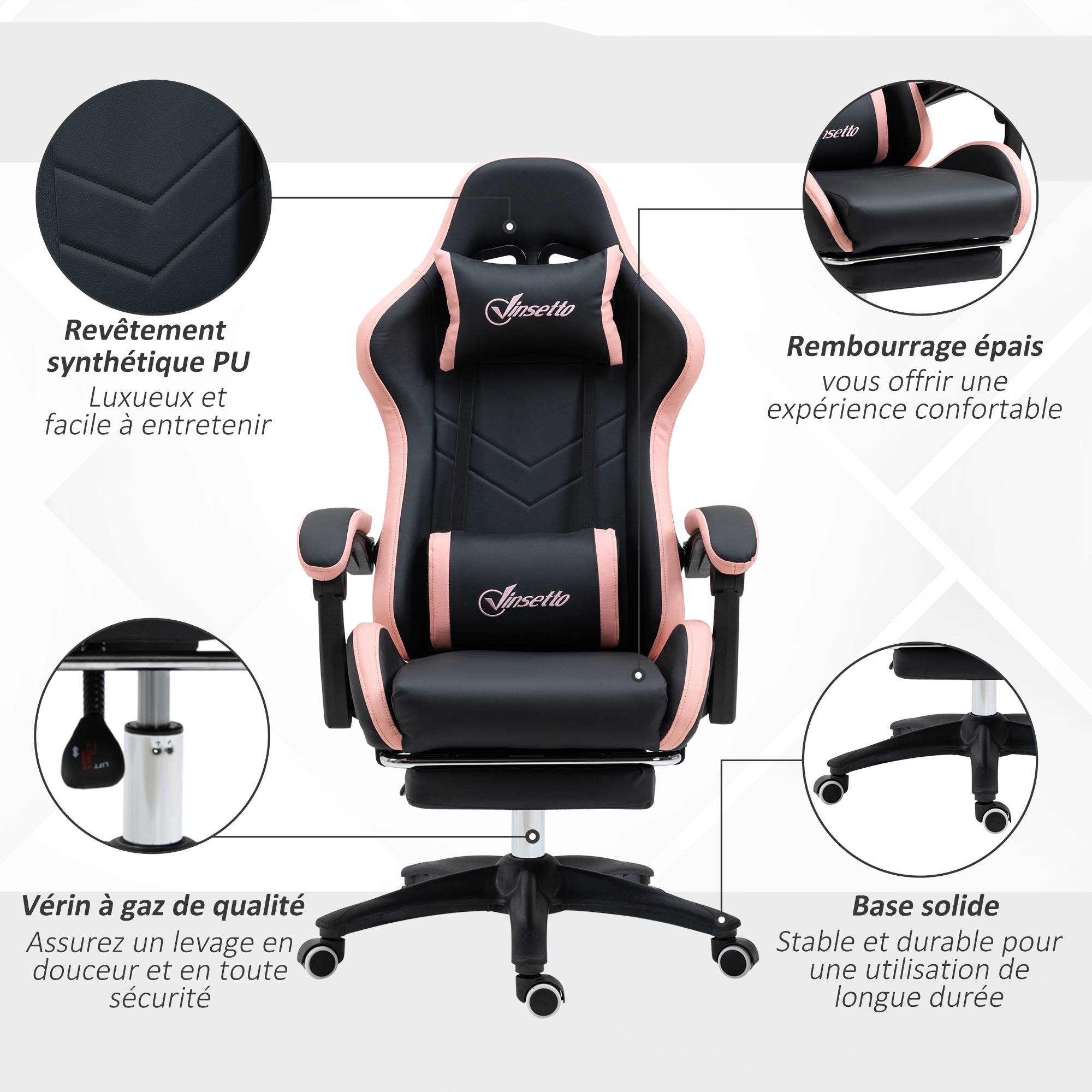 Sans Marque - Chaise gaming fauteuil gaming ergonomique avec dossier inclinable à 135° et soutien lombaire, 65 x 65 x 121-129 cm rose - Image 9