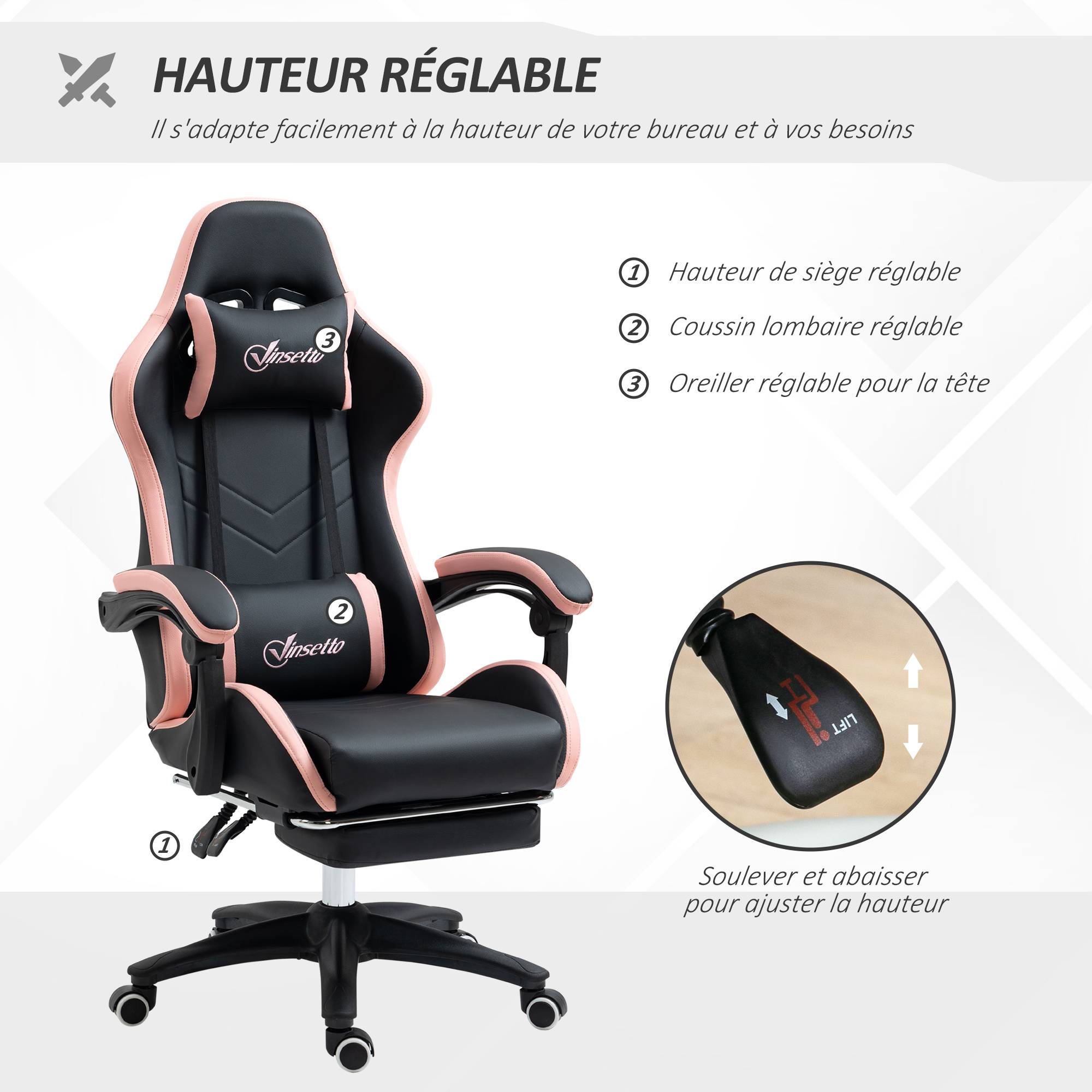 Sans Marque - Chaise gaming fauteuil gaming ergonomique avec dossier inclinable à 135° et soutien lombaire, 65 x 65 x 121-129 cm rose - Image 6