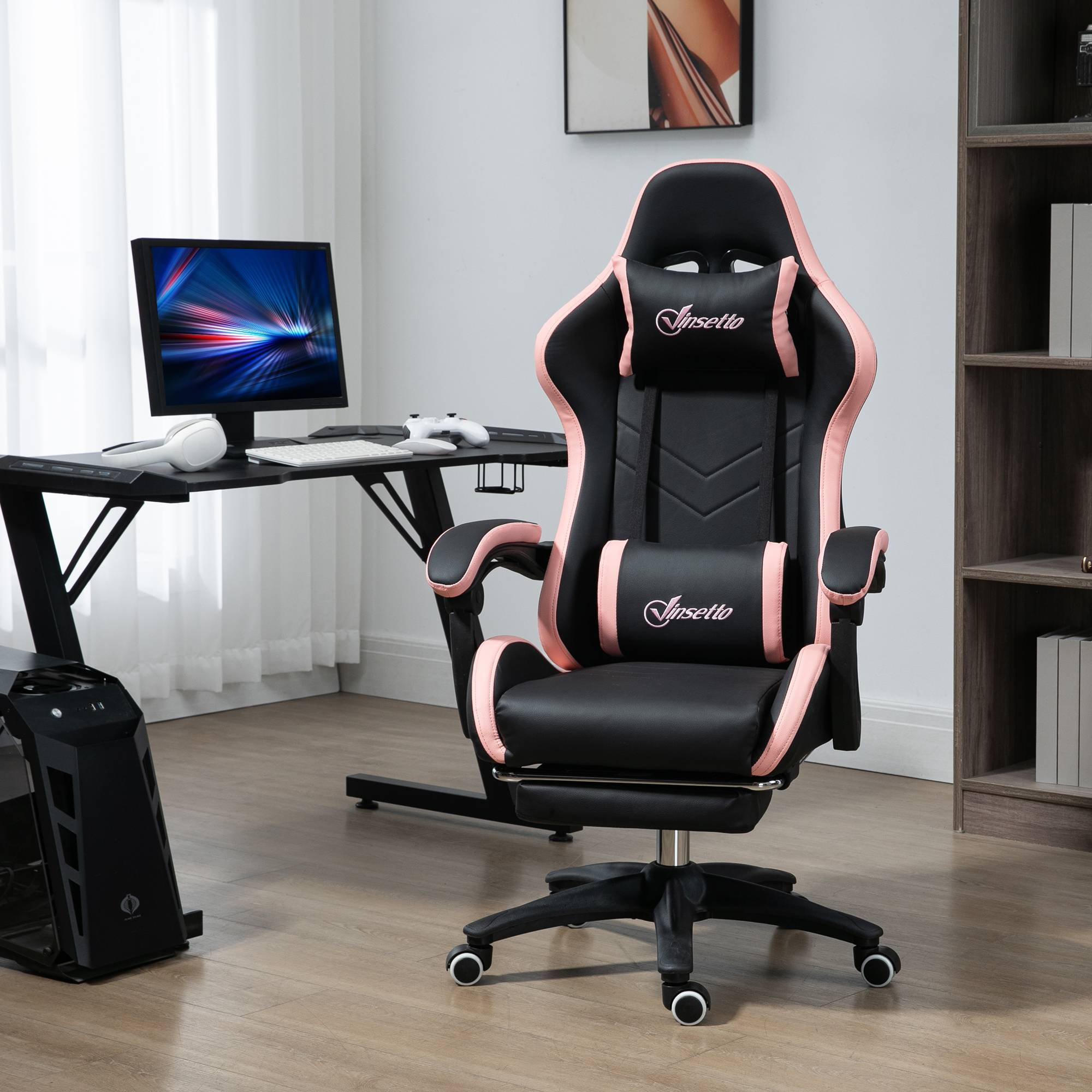 Sans Marque - Chaise gaming fauteuil gaming ergonomique avec dossier inclinable à 135° et soutien lombaire, 65 x 65 x 121-129 cm rose - Image 4