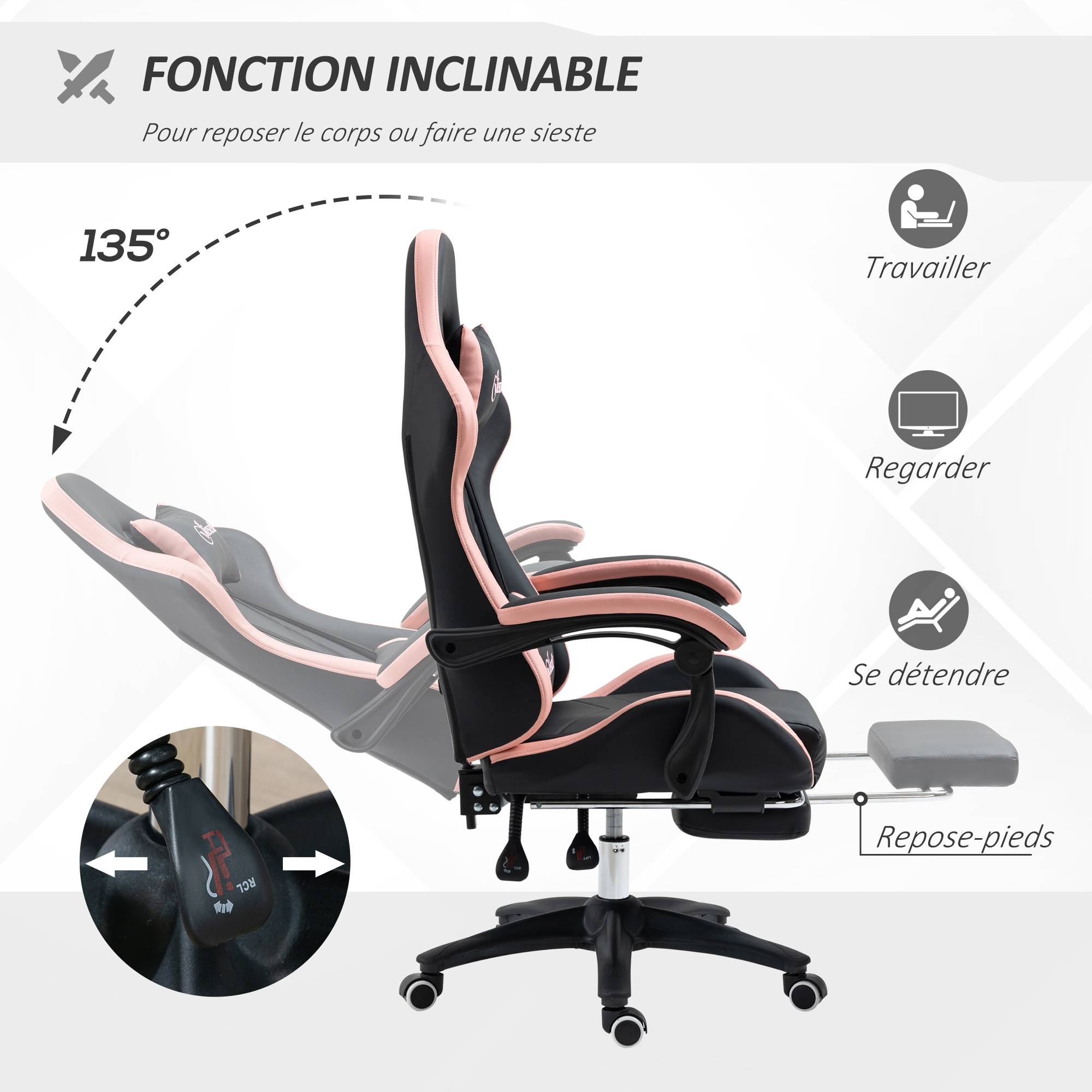 Sans Marque - Chaise gaming fauteuil gaming ergonomique avec dossier inclinable à 135° et soutien lombaire, 65 x 65 x 121-129 cm rose - Image 7