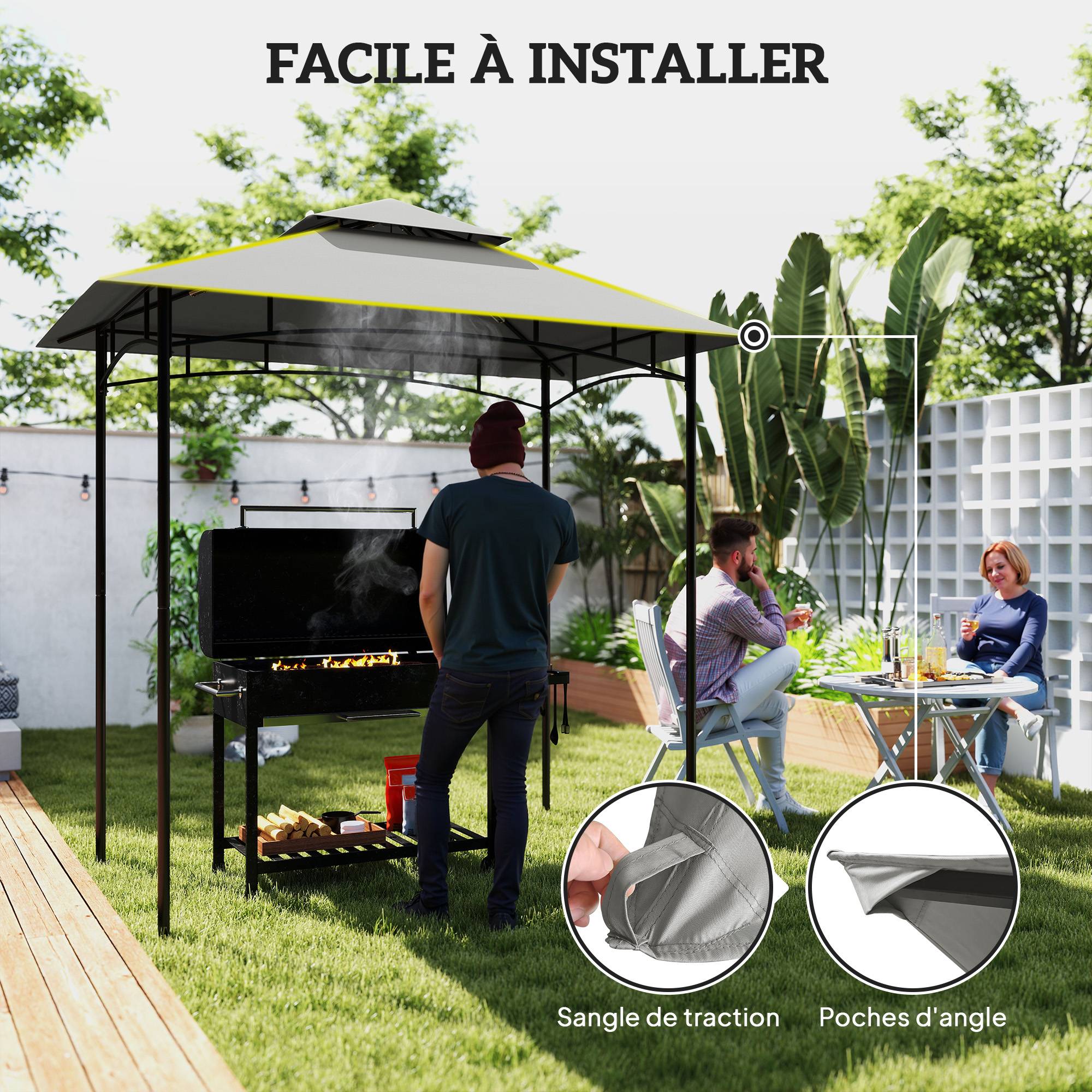 Outsunny - Toit de rechange tonnelle barbecue 2,4x1,5m auvent abri 2 niveaux polyester 160g/m² Anti-UV gris clair - Outsunny - Image 7