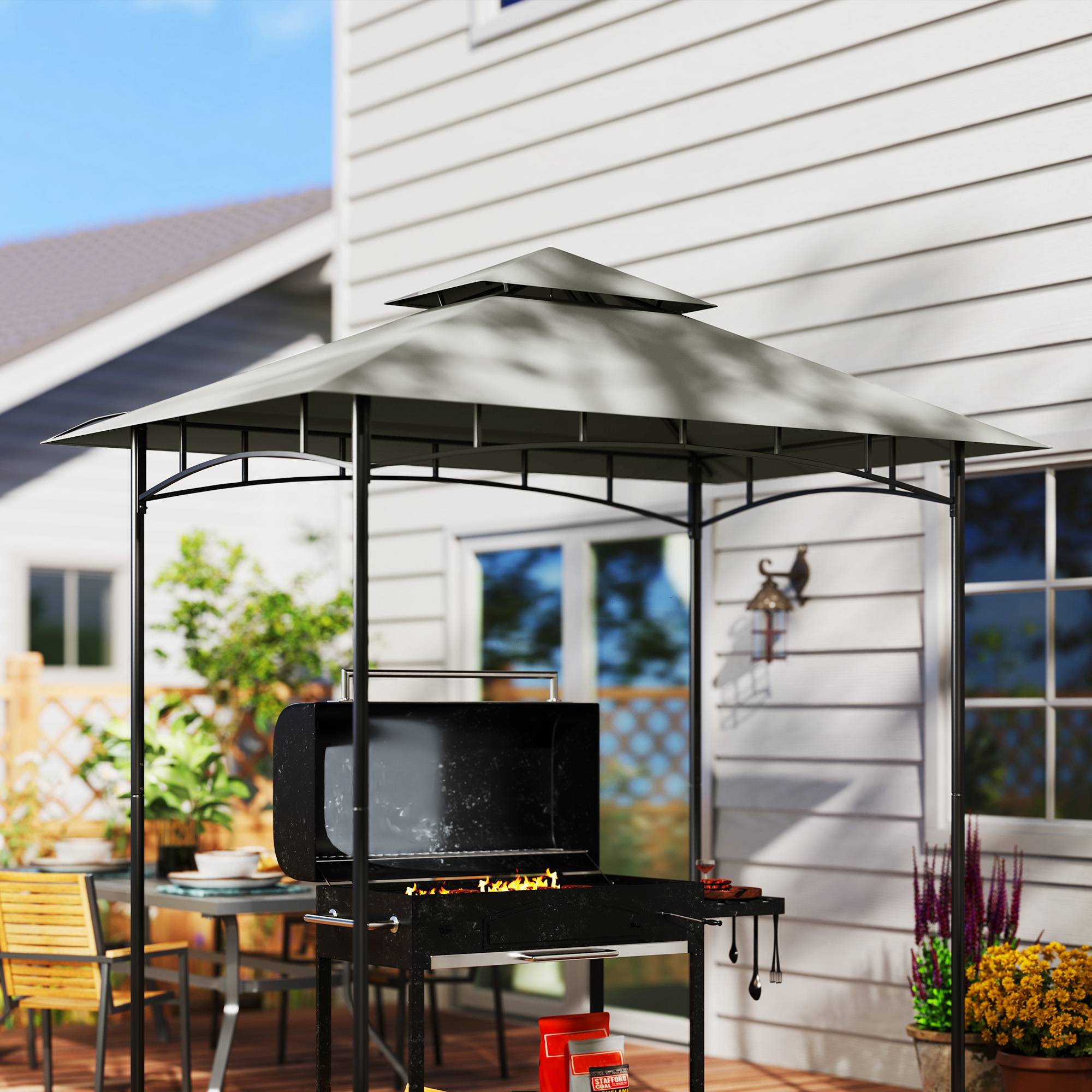 Outsunny - Toit de rechange tonnelle barbecue 2,4x1,5m auvent abri 2 niveaux polyester 160g/m² Anti-UV gris clair - Outsunny - Image 2