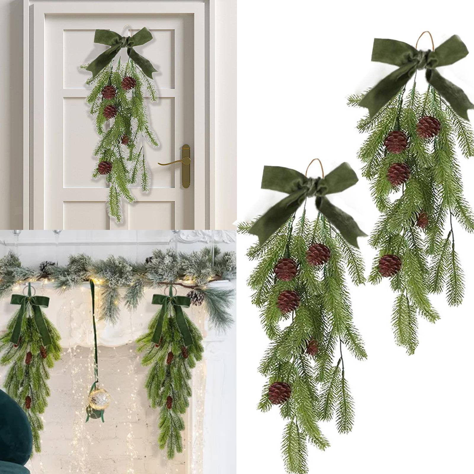 Paquet de 2 guirlandes de larmes de Noël de 70 cm, couronne de Noël artificielle, couronne de Noël suspendue avec nœud,décoration d'escalier de maison - Image 1