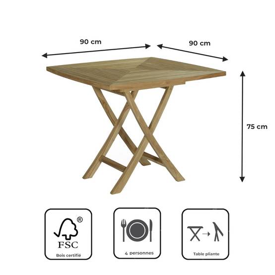 Teck'Attitude - Table pliante carrée en teck massif Cardif 90 x 90 cm - TECK'Attitude - Image 8