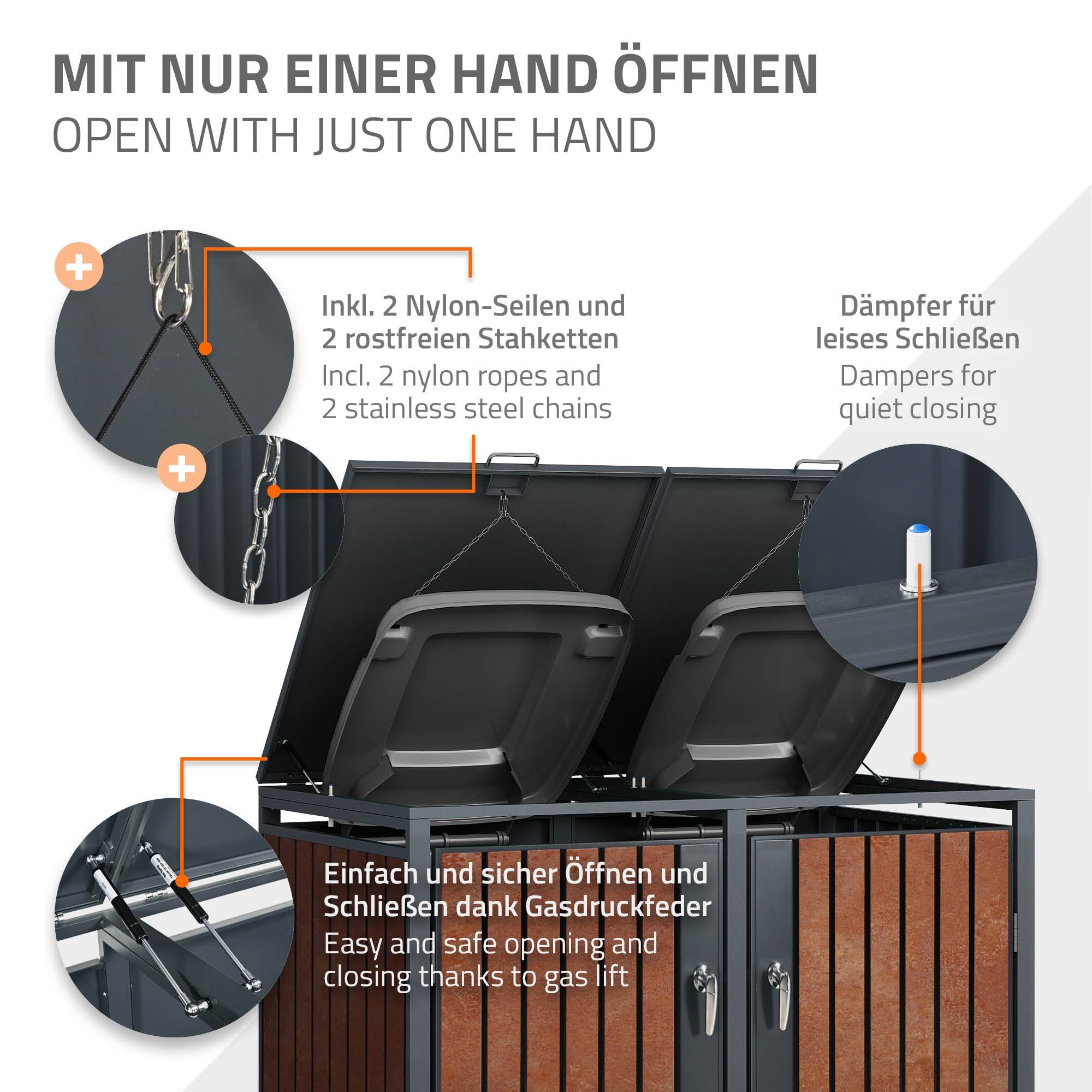 Abri pour 2 poubelles 132x80x116,3 cm capacité de 60L à 240L anthracite/aspect rouillé acier couvercle rabattable/2 portes résistant aux intempéries - Image 5