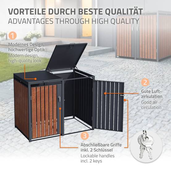 Abri pour 2 poubelles 132x80x116,3 cm capacité de 60L à 240L anthracite/aspect rouillé acier couvercle rabattable/2 portes résistant aux intempéries - Image 4