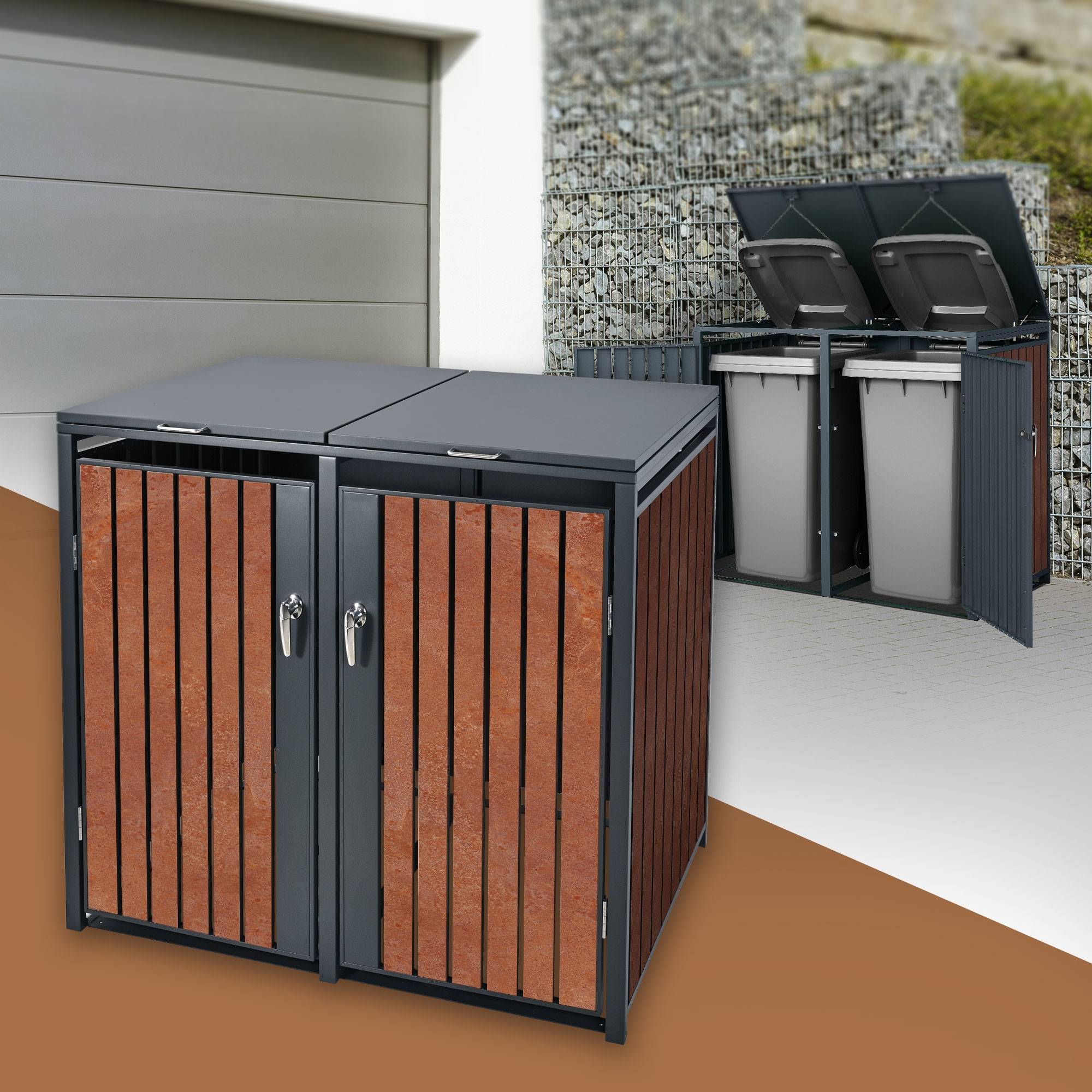 Abri pour 2 poubelles 132x80x116,3 cm capacité de 60L à 240L anthracite/aspect rouillé acier couvercle rabattable/2 portes résistant aux intempéries - Image 2