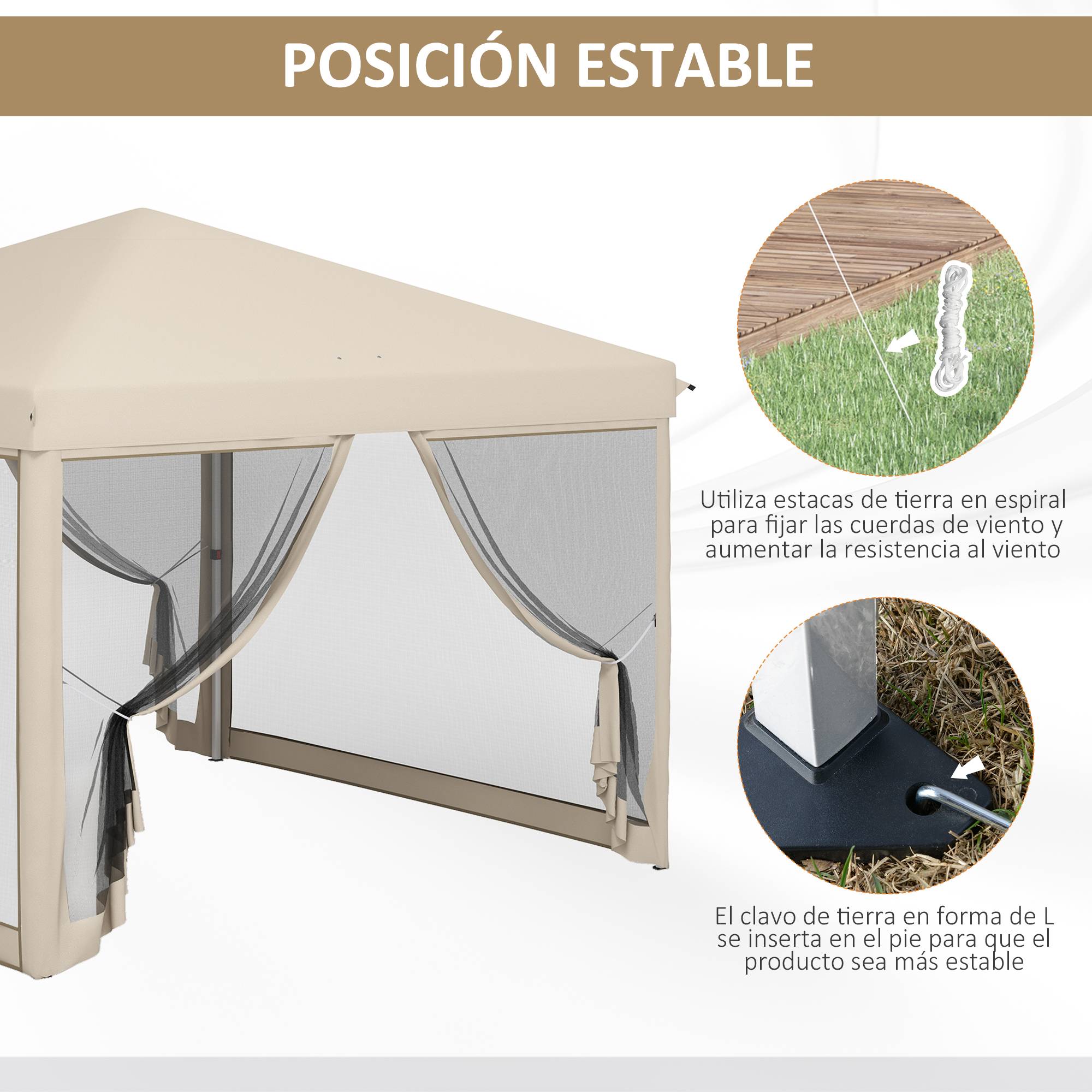 Tonnelle de jardin 3x3m avec moustiquaires anti-UV, structure en acier et sac de transport pour patio, terrasse et fêtes (beige) - Image 7
