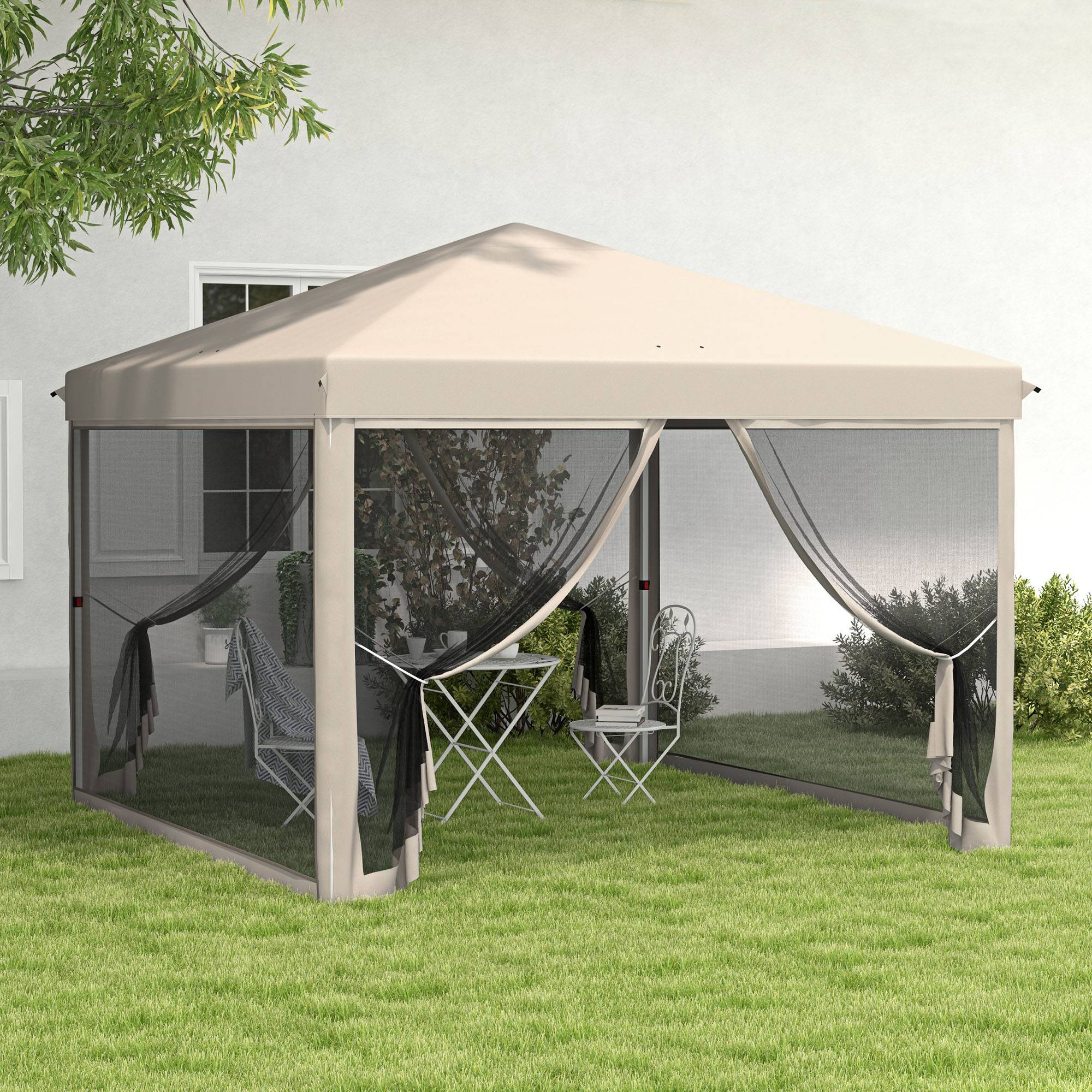 Tonnelle de jardin 3x3m avec moustiquaires anti-UV, structure en acier et sac de transport pour patio, terrasse et fêtes (beige) - Image 4