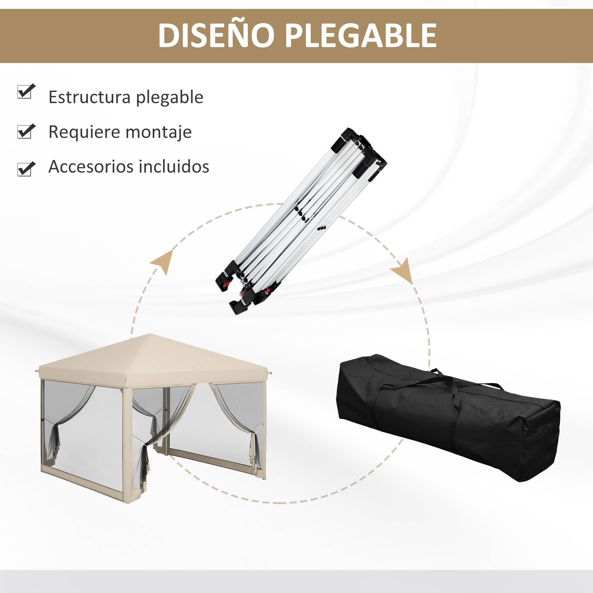 Tonnelle de jardin 3x3m avec moustiquaires anti-UV, structure en acier et sac de transport pour patio, terrasse et fêtes (beige) - Image 6