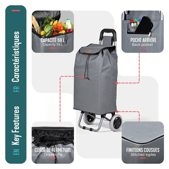 Vounot - Chariot de courses 2 roues pliable 59L gris - Image 7