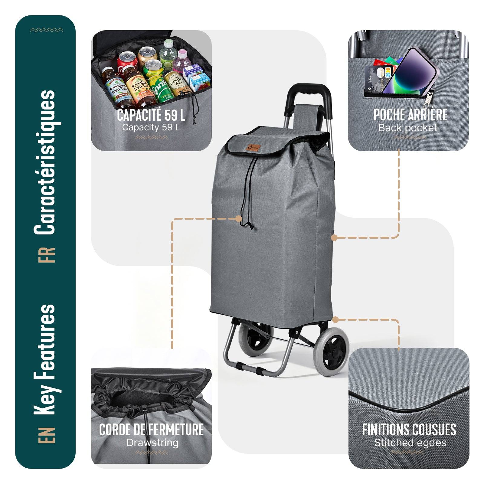 Vounot - Chariot de courses 2 roues pliable 59L gris - Image 7