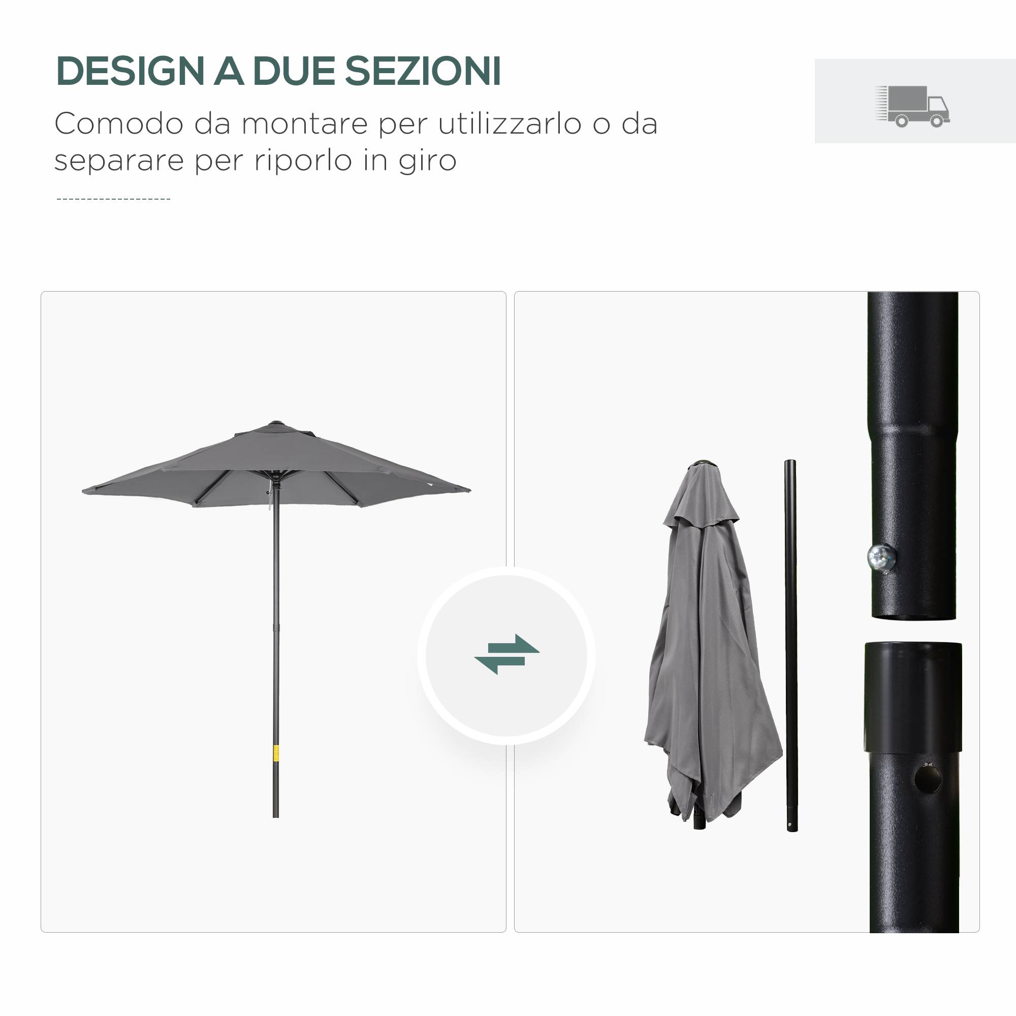 Parasol de jardin 2 x 2 m à 6 baleines et aération, en aluminium, métal et polyester, gris foncé - Image 6