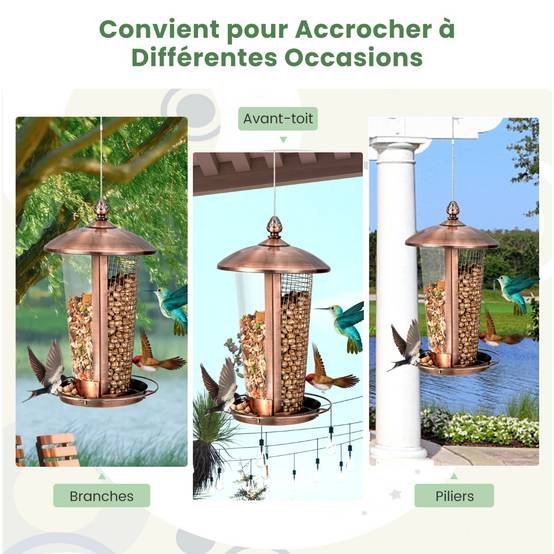 Mangeoire à Oiseaux Suspension en Métal Capacité 1L Mangeoire pour Oiseaux Sauvages Extérieure avec Trous de Drainage - Image 9