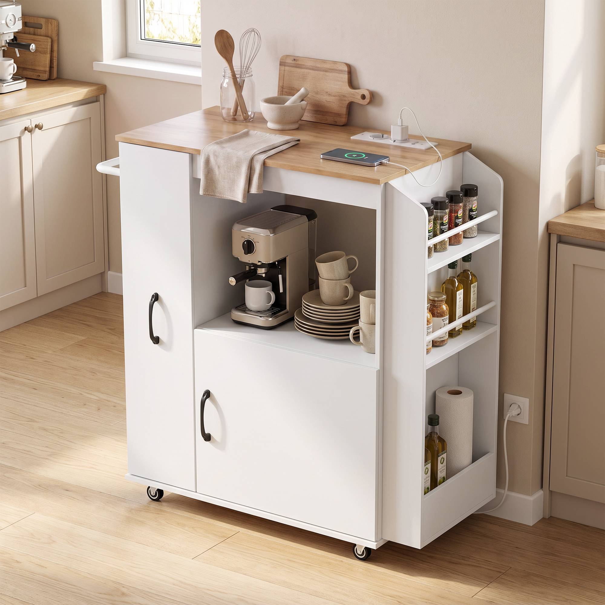 Sans Marque - Chariot cuisine roulettes station recharge placard coulissant porte-épices porte-serviettes 80x40x88 cm blanc - Image 3