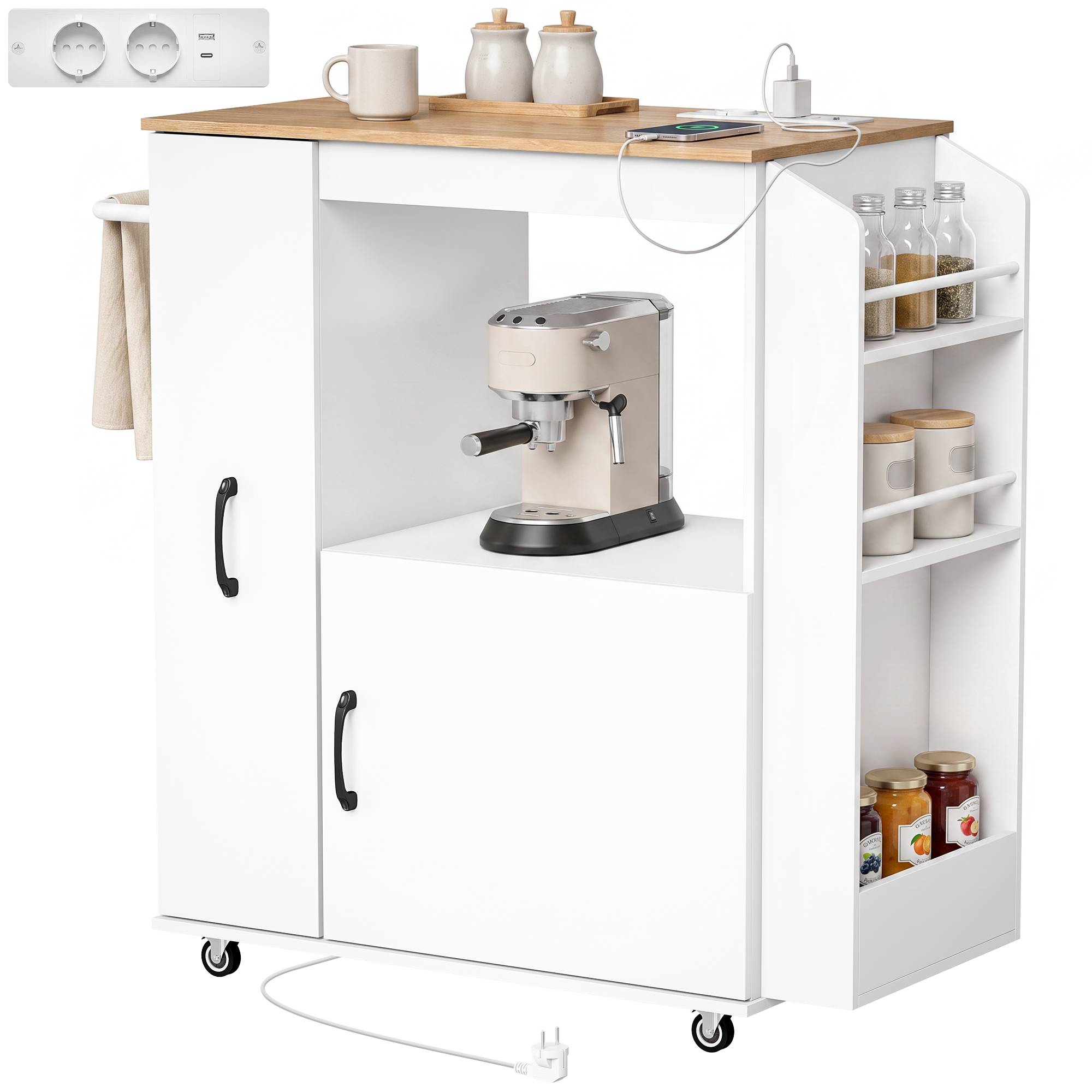 Sans Marque - Chariot cuisine roulettes station recharge placard coulissant porte-épices porte-serviettes 80x40x88 cm blanc - Image 2