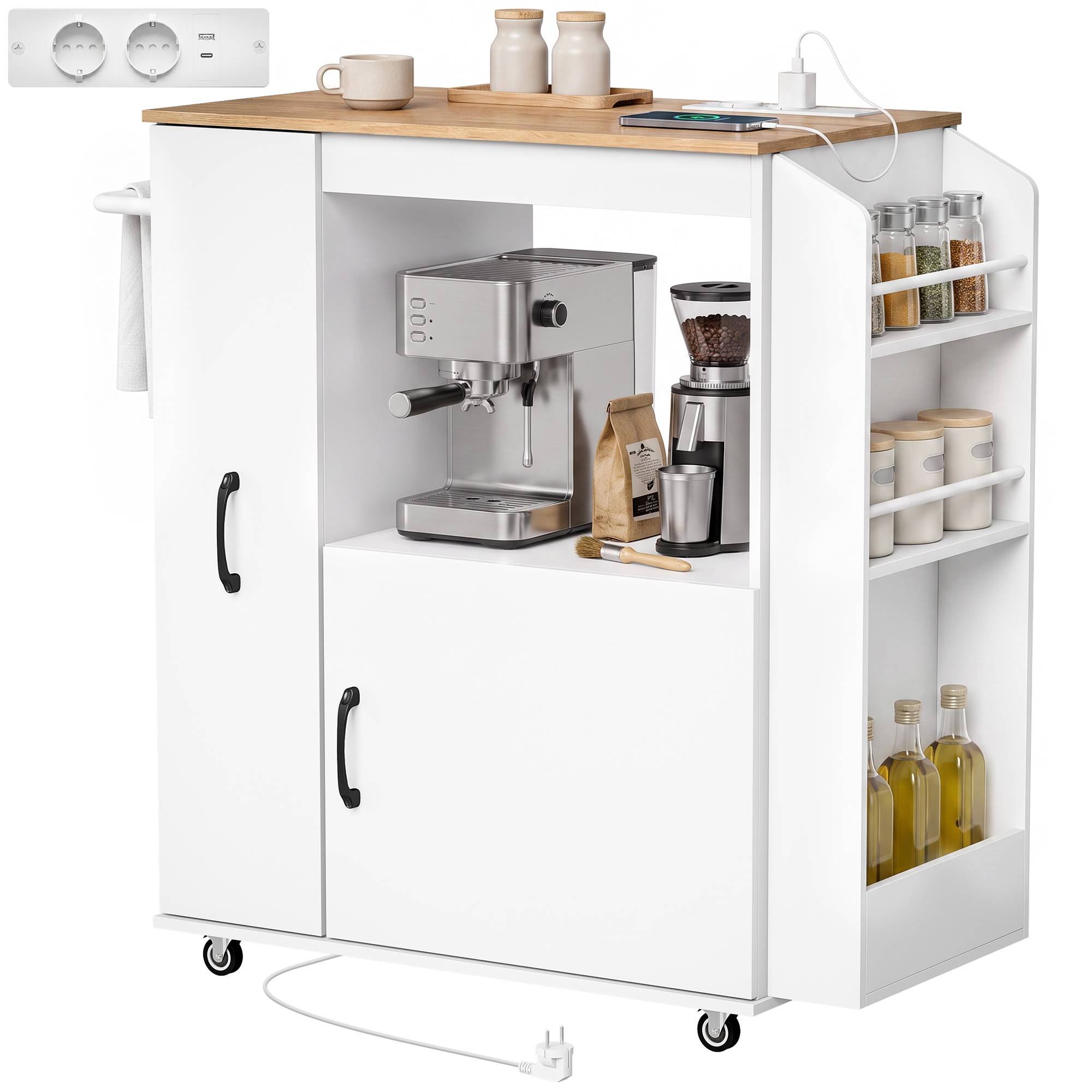 Sans Marque - Chariot cuisine roulettes station recharge placard coulissant porte-épices porte-serviettes 80x40x88 cm blanc - Image 1