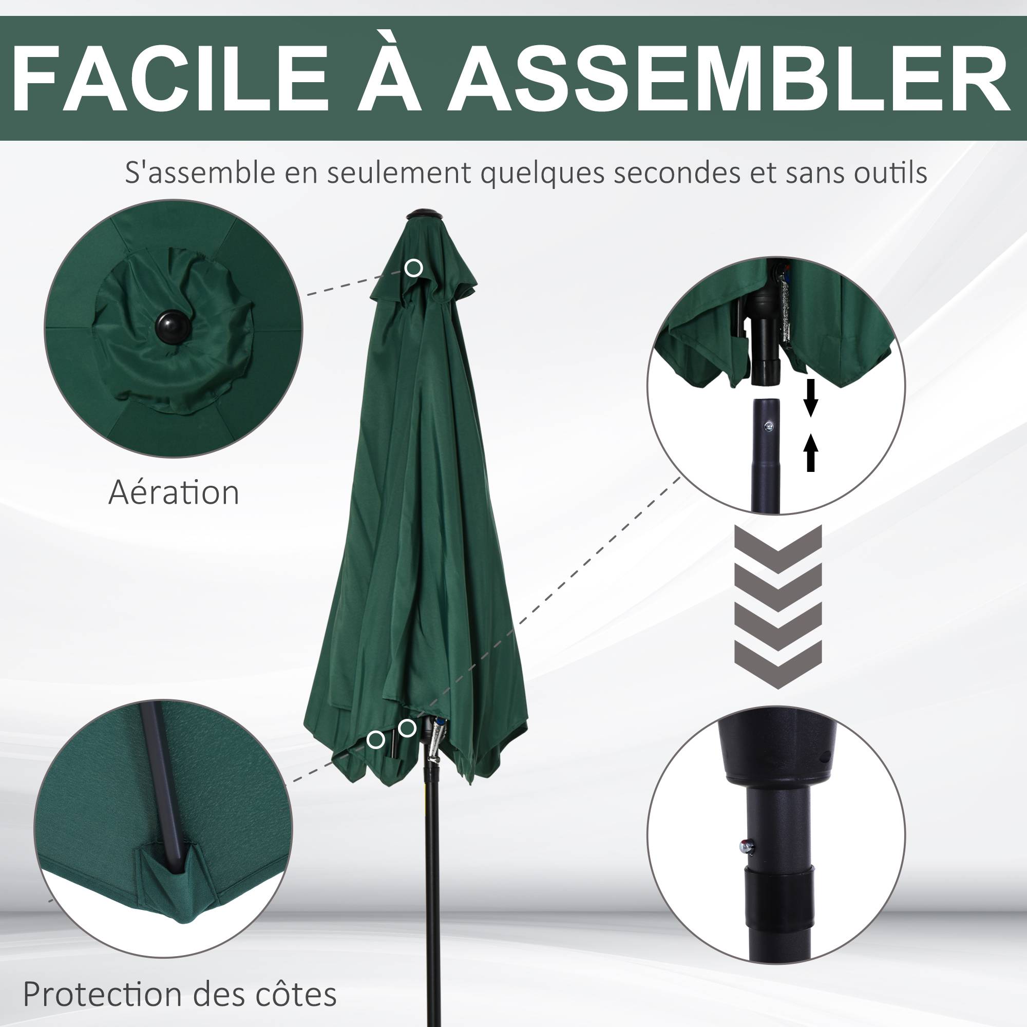 Parasol droit parasol inclinable de jardin balcon manivelle - 260x260x235cm Métal Vert foncé fr334 - Image 6