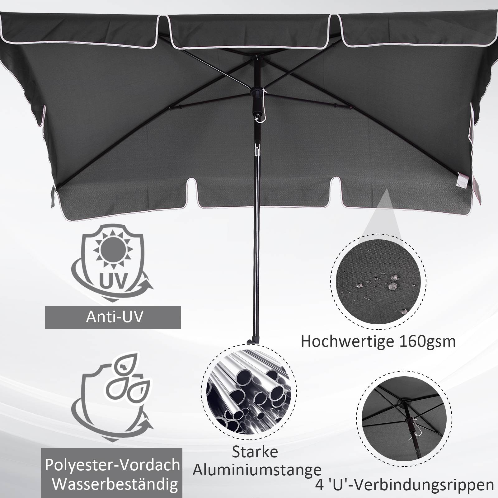 Parasol Rectangulaire Inclinable Aluminium Balcon Terrasse 200x130cm Gris - ComfortXL Outdoor Living - Image 6