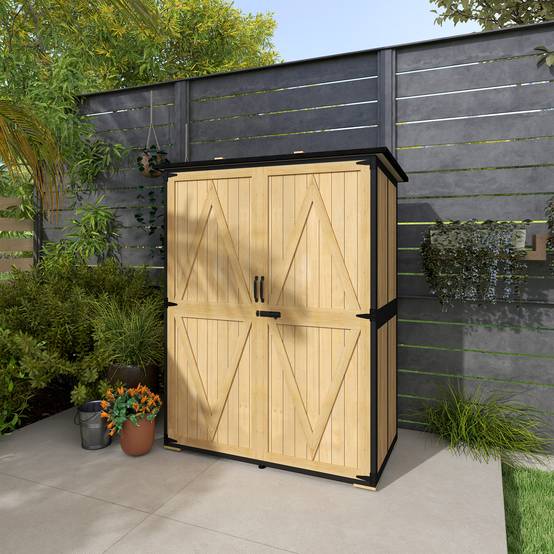 ComfortXL - Armoire de jardin sapin acier 140 x 74 x 167/173 cm bois naturel 2 étagères réglables rangement sécurisé toit bitumé - Image 9