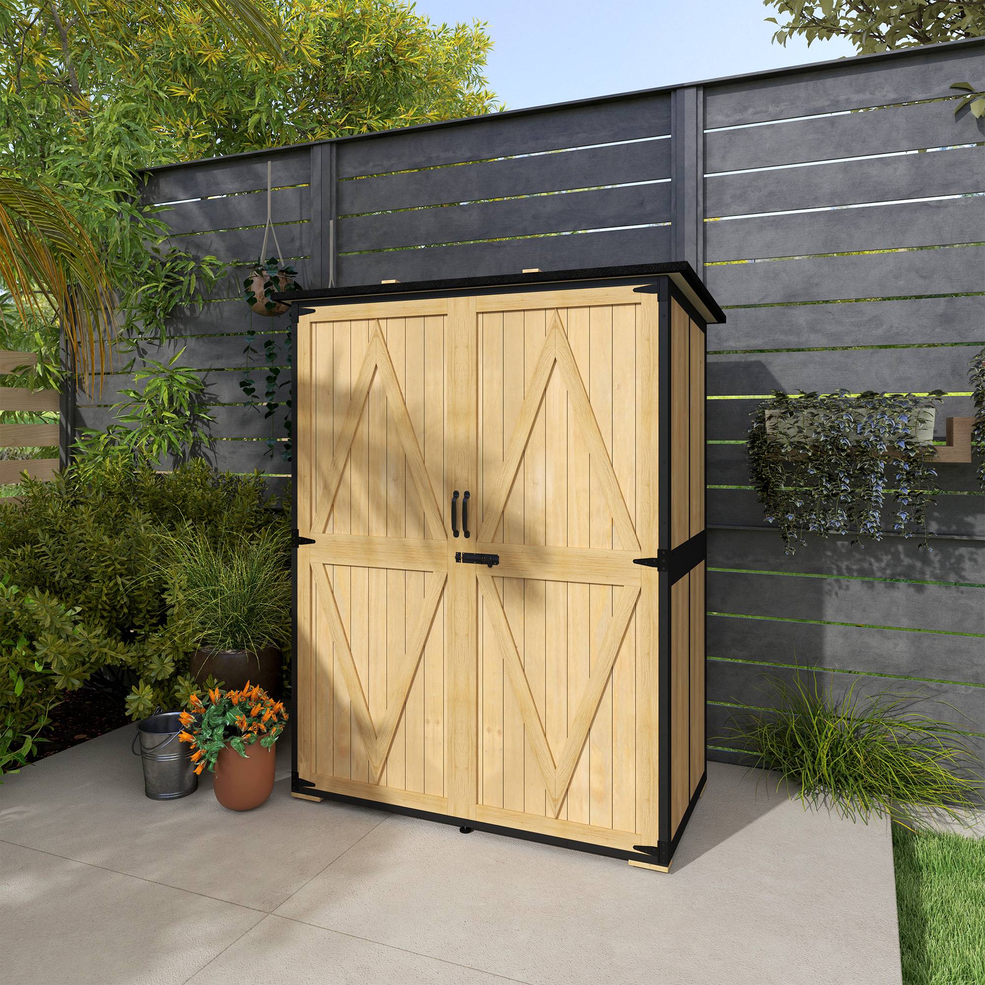 ComfortXL - Armoire de jardin sapin acier 140 x 74 x 167/173 cm bois naturel 2 étagères réglables rangement sécurisé toit bitumé - Image 9