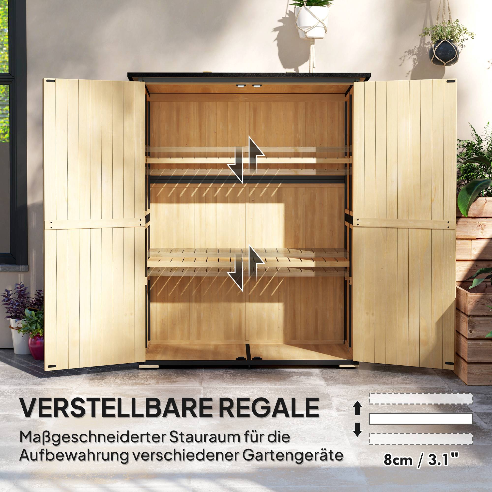 ComfortXL - Armoire de jardin sapin acier 140 x 74 x 167/173 cm bois naturel 2 étagères réglables rangement sécurisé toit bitumé - Image 6