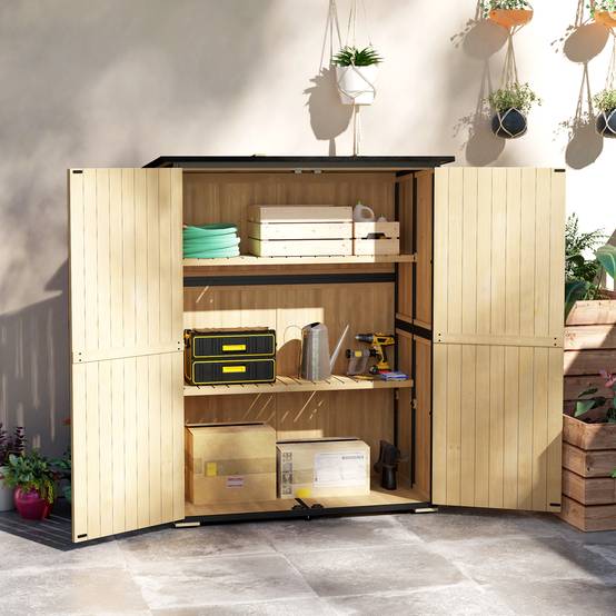 ComfortXL - Armoire de jardin sapin acier 140 x 74 x 167/173 cm bois naturel 2 étagères réglables rangement sécurisé toit bitumé - Image 1