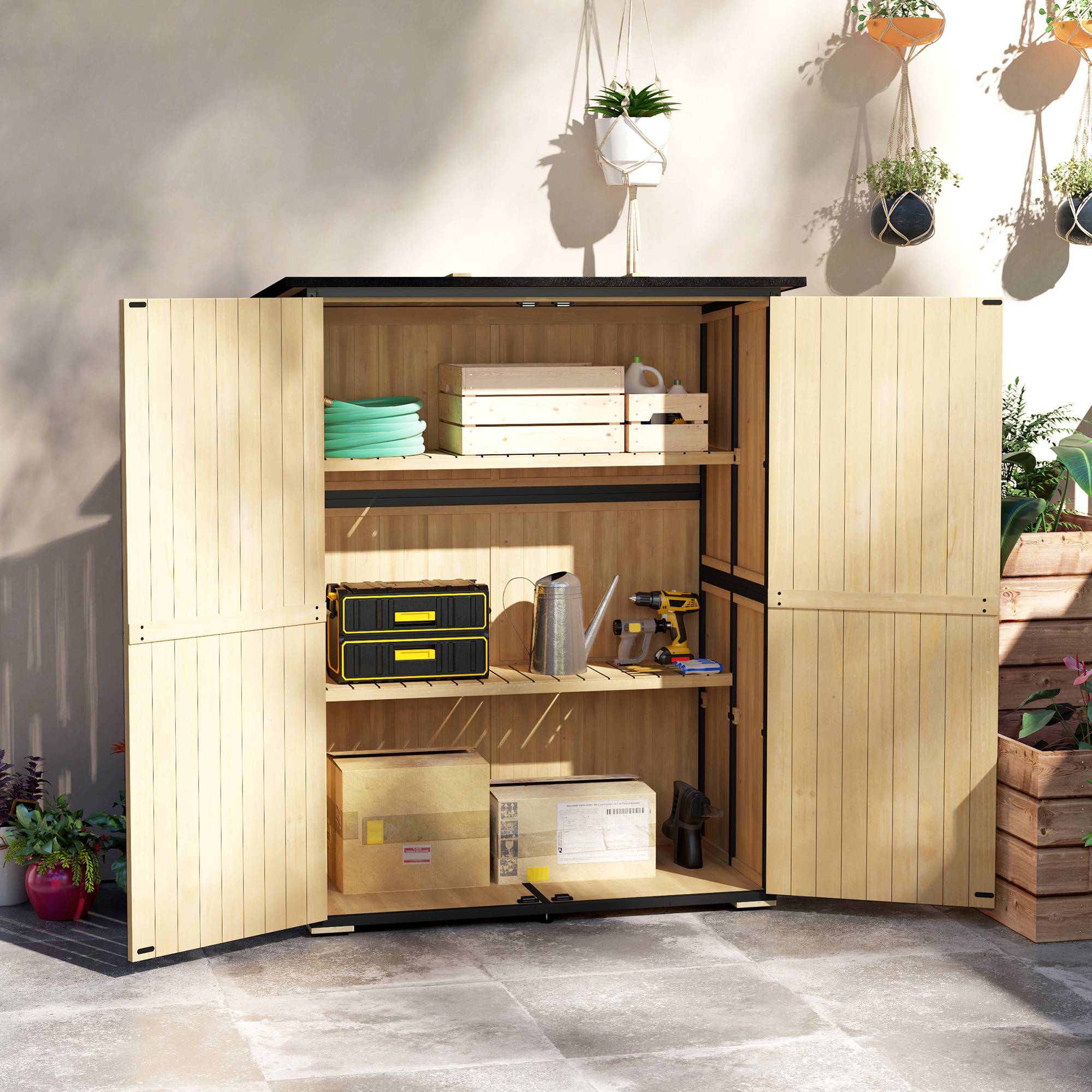 ComfortXL - Armoire de jardin sapin acier 140 x 74 x 167/173 cm bois naturel 2 étagères réglables rangement sécurisé toit bitumé