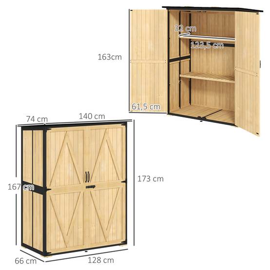 ComfortXL - Armoire de jardin sapin acier 140 x 74 x 167/173 cm bois naturel 2 étagères réglables rangement sécurisé toit bitumé - Image 3