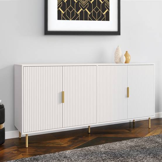 Buffet 160 cm MARCEL 4 portes blanc effet lattes et finitions dorées - Image 1