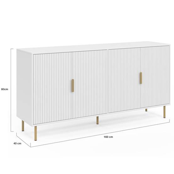 Buffet 160 cm MARCEL 4 portes blanc effet lattes et finitions dorées - Image 5