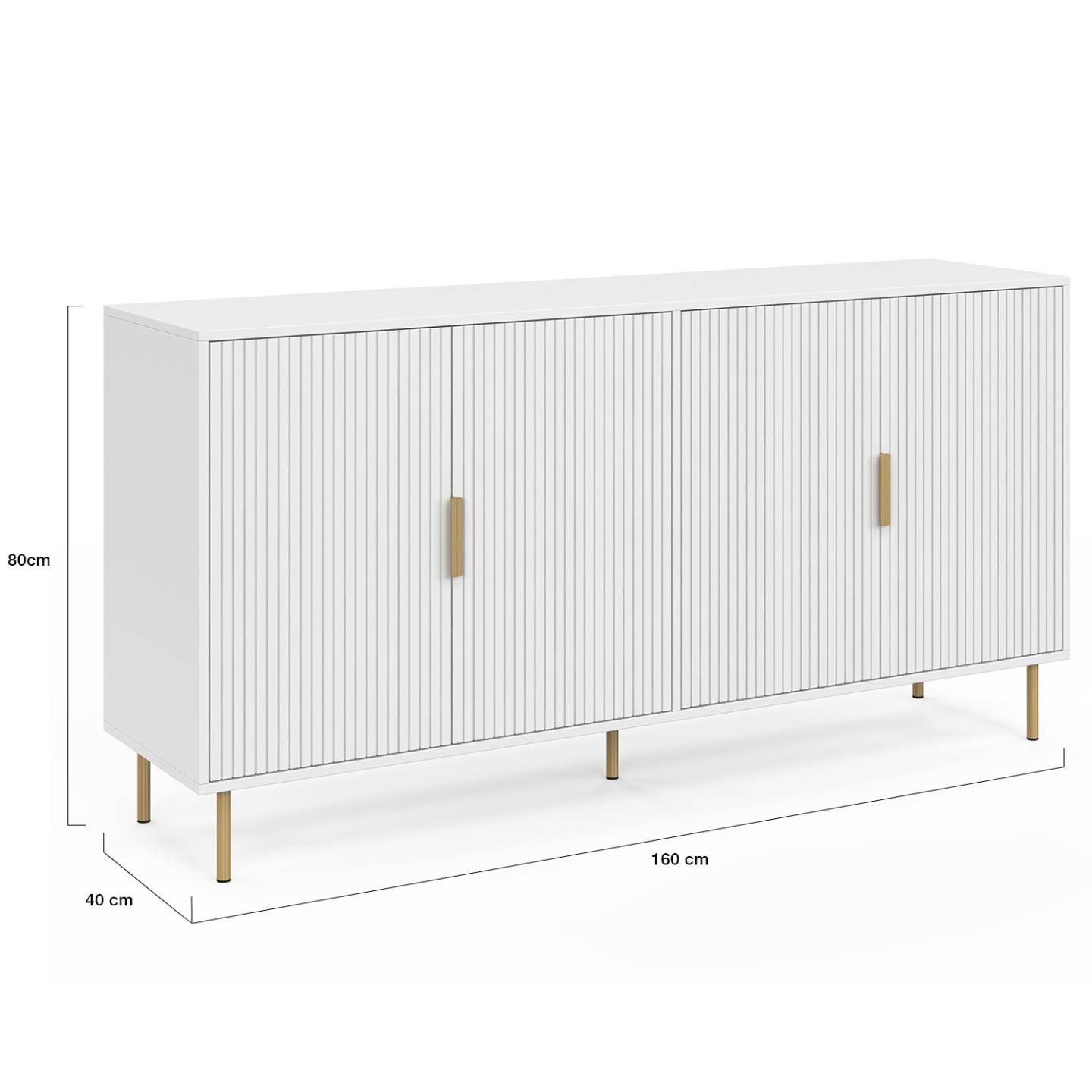 Buffet 160 cm MARCEL 4 portes blanc effet lattes et finitions dorées - Image 5
