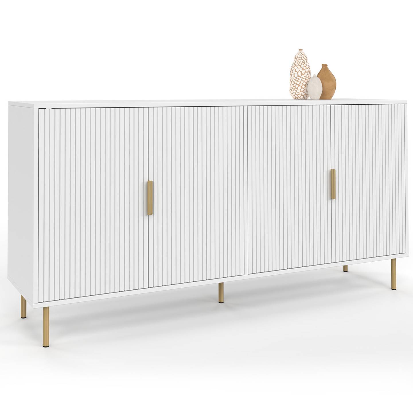 Buffet 160 cm MARCEL 4 portes blanc effet lattes et finitions dorées - Image 2