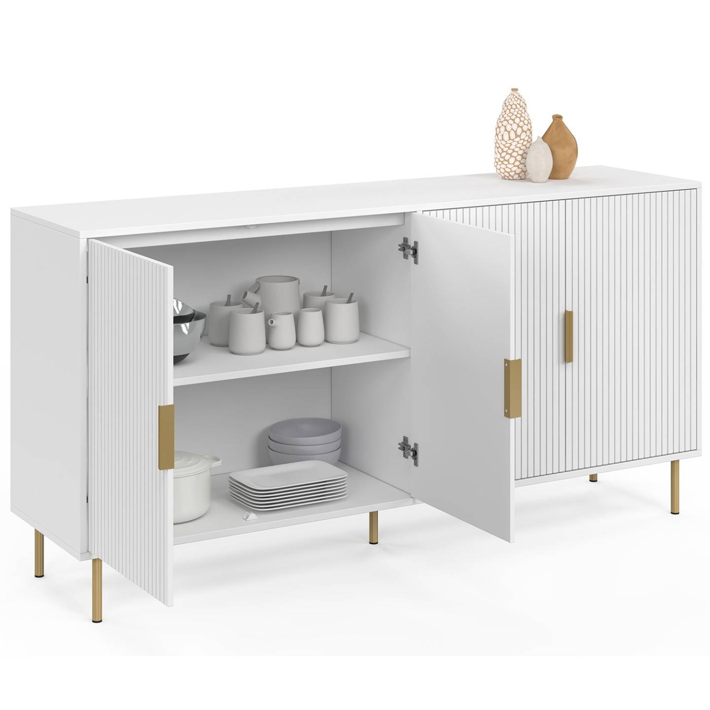 Buffet 160 cm MARCEL 4 portes blanc effet lattes et finitions dorées - Image 4