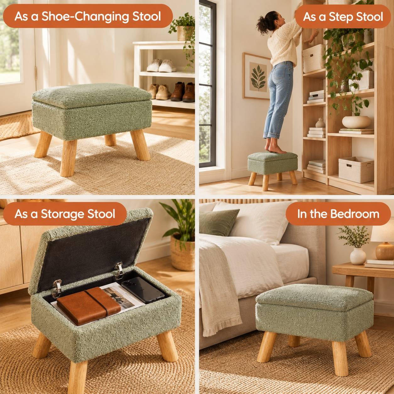 Pouf Rangement Assise Velours Doux Pieds Bois Salon Chambre - Image 4