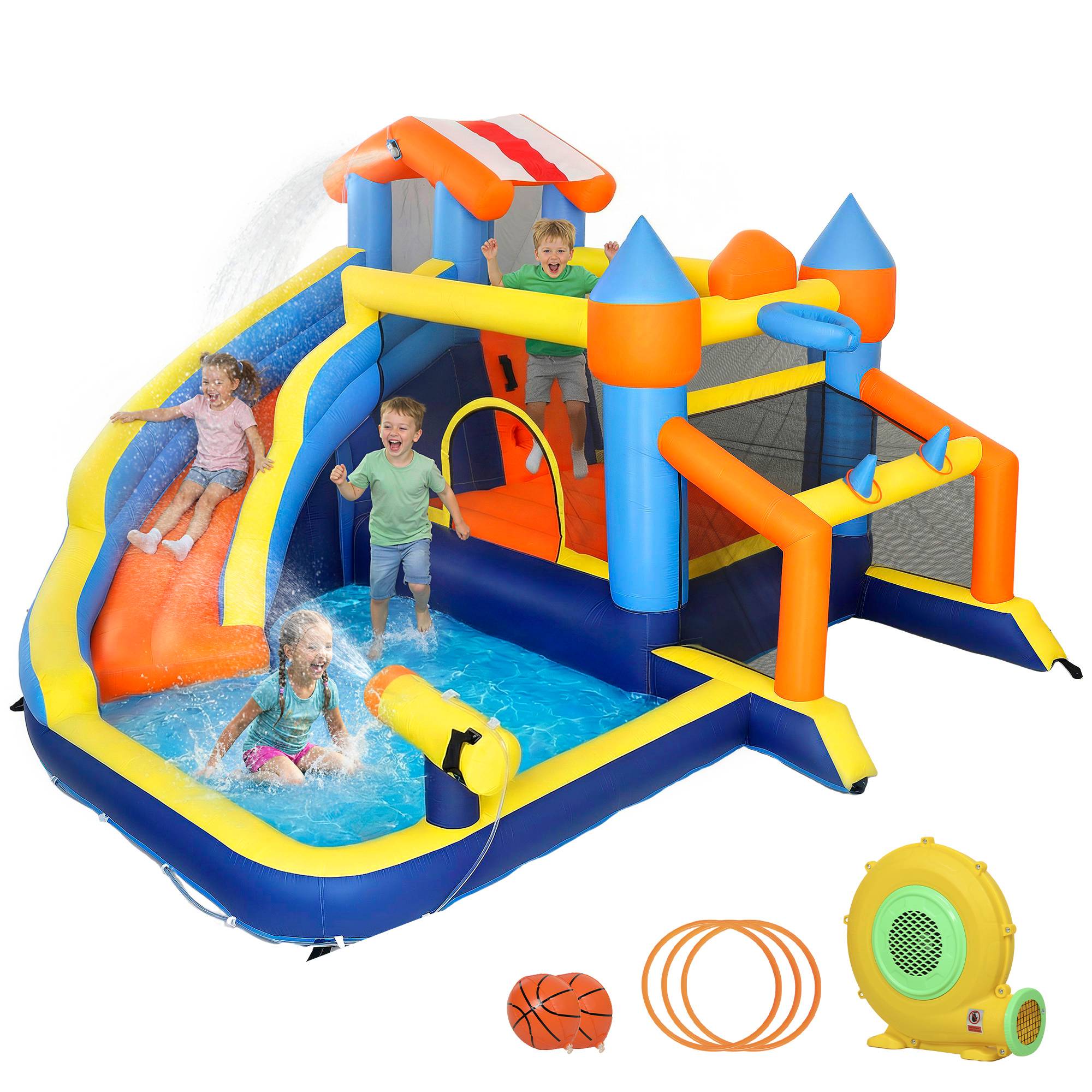 Château gonflable avec souffleur 8 en 1, parc aquatique, toboggan, trampoline, piscine à balles, multicolore - Image 1