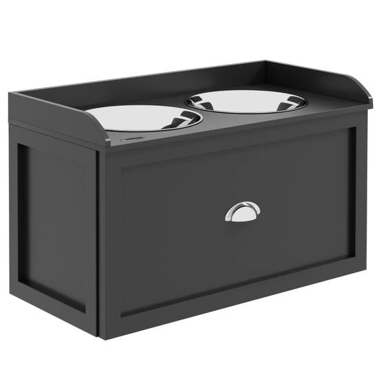Station de nourrissage chien surélevée 60 x 30 x 36 cm acier inoxydable et bois noir - PANGIVO - Image 1