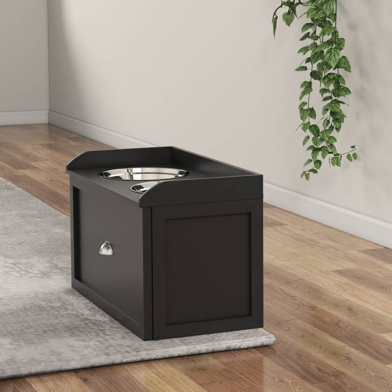 Station de nourrissage chien surélevée 60 x 30 x 36 cm acier inoxydable et bois noir - PANGIVO - Image 7