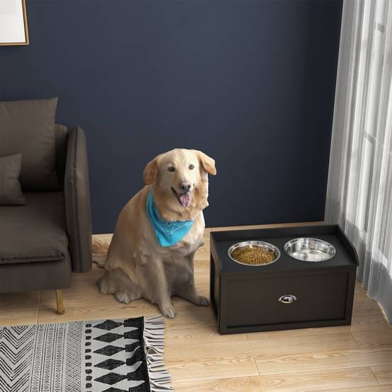 Station de nourrissage chien surélevée 60 x 30 x 36 cm acier inoxydable et bois noir - PANGIVO - Image 2