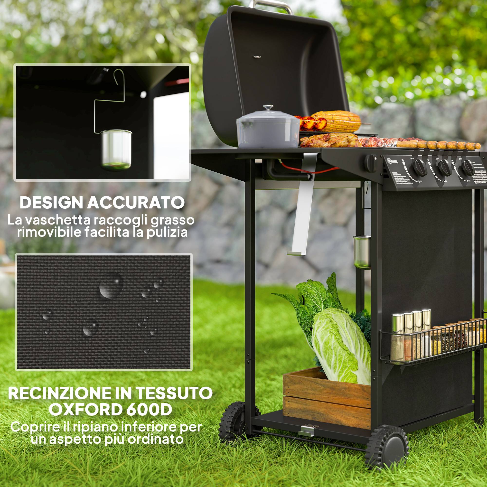 Barbecue à gaz avec 4 brûleurs indépendants et couvercle avec thermomètre, 108 x 54 x 97 cm, noir - Image 9